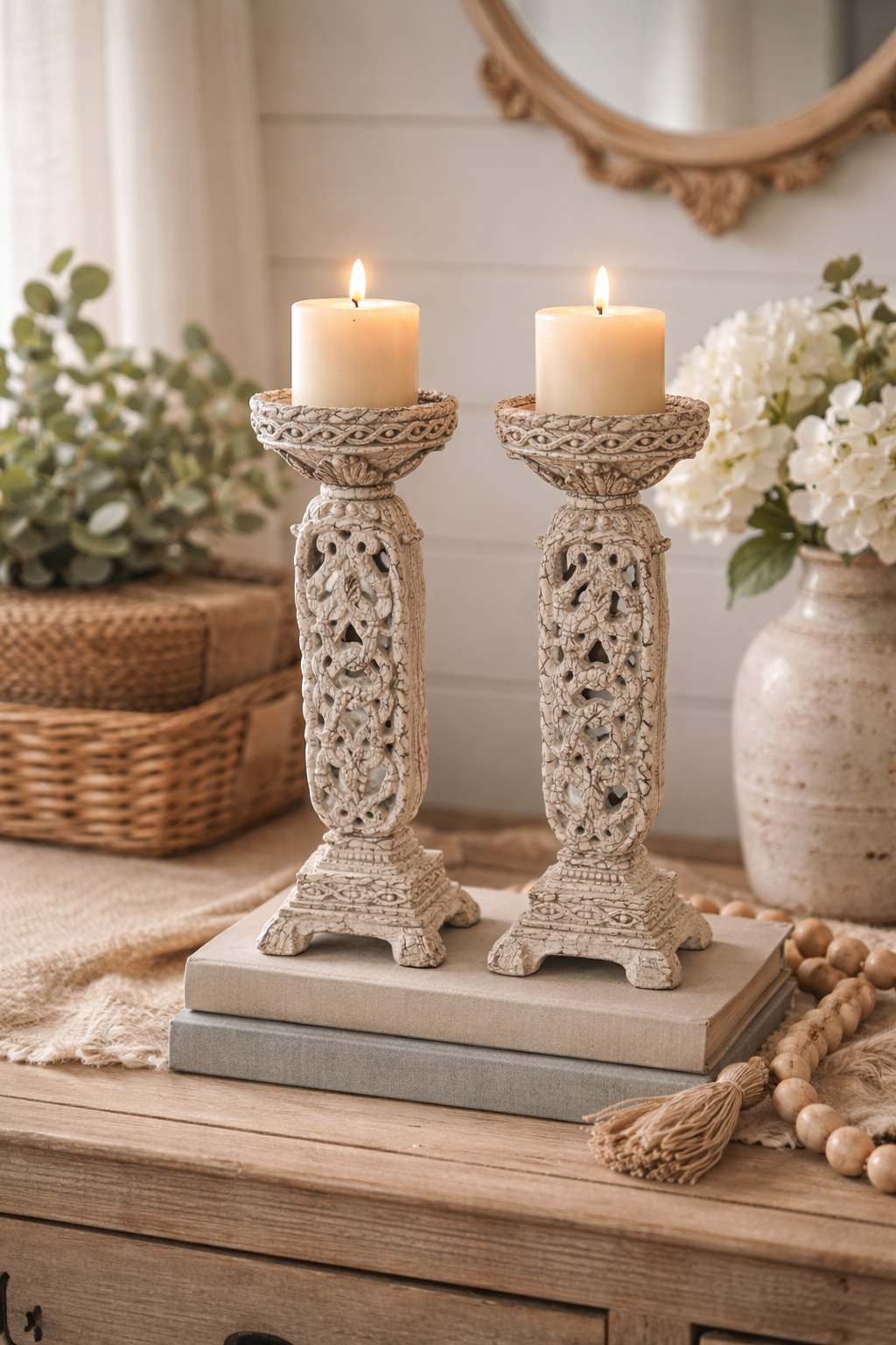 Decorative Crackle Finish Candle Holders Set of 2