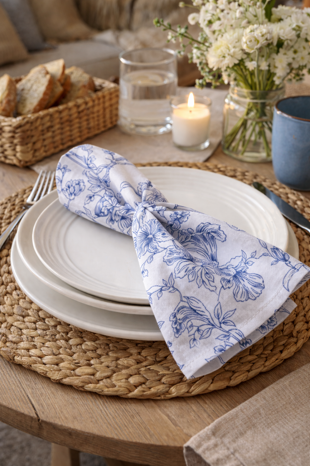Blue & White Floral Cloth Napkin