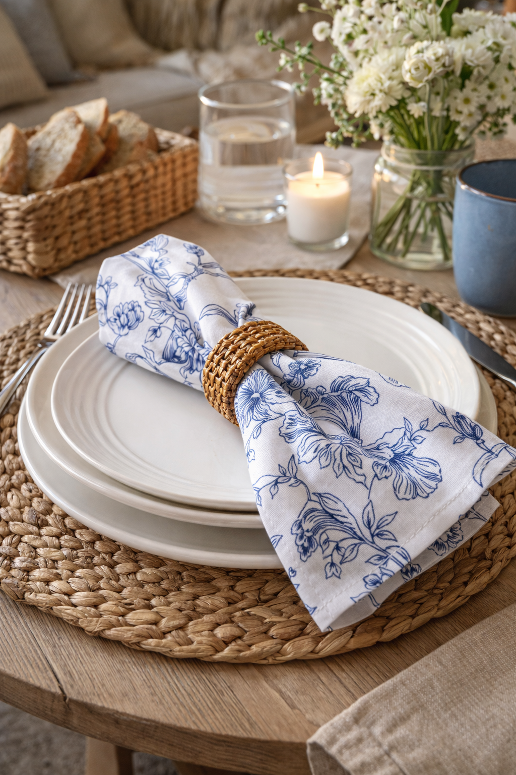 Blue & White Floral Cloth Napkin