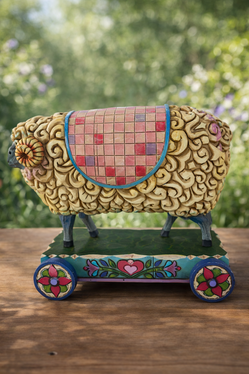 Hand- Carved Folk Art Sheep on Rolling Base