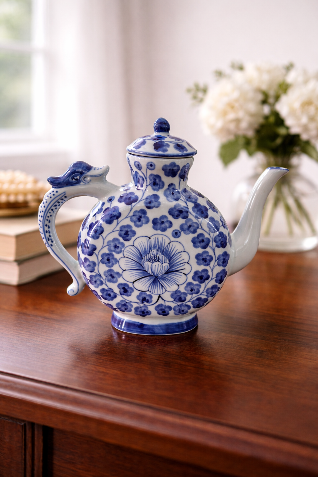 Blue & White Floral Ceramic Teapot