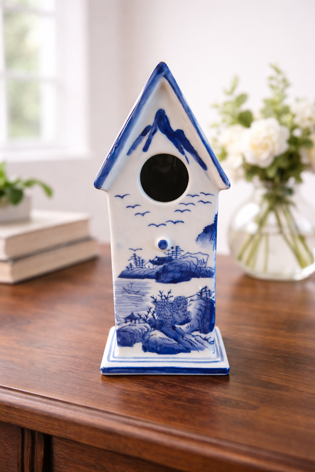 Classic Blue & White Ceramic Birdhouse